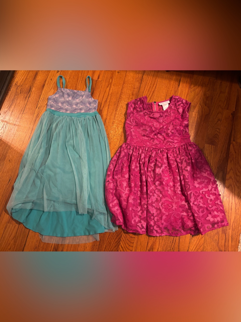 American Girl Teal Tulle High-Low Dress & Magenta Floral Lace Party Dress